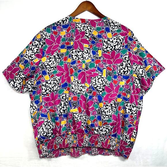 VTG Lauren Lee Floral Print Colorful Smocked Top Pink Maximalist 90s Abstract - Picture 5 of 9
